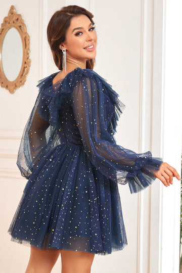 Vestido Corto de Cóctel Azul Marino Cuello en V Mangas Largas
